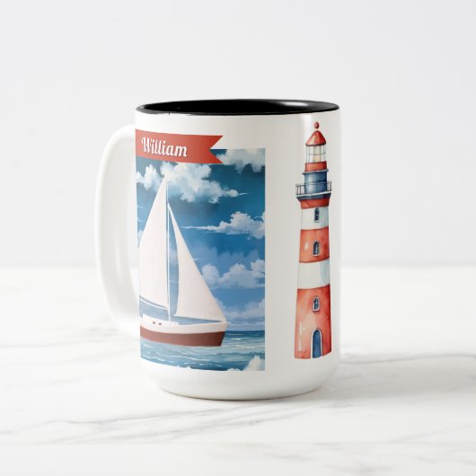 海の水彩画の帆船マグカップ - 名入れ可能 ツートーンマグカップ (正面左)