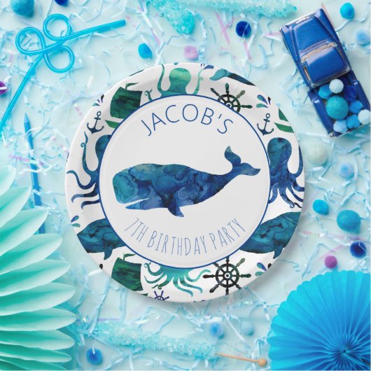 海の水彩画の海のクジラの誕生日の下 ペーパープレート (パーティー)