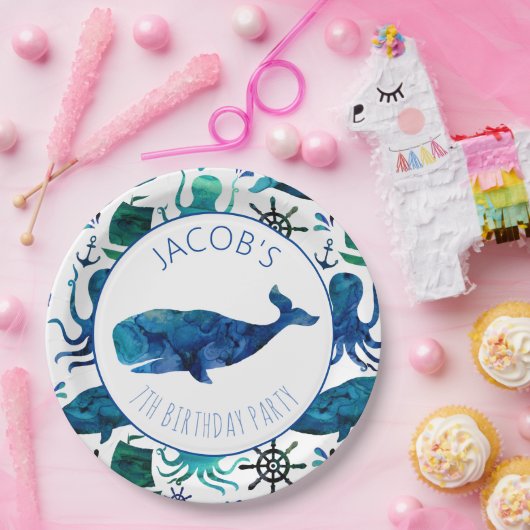 海の水彩画の海のクジラの誕生日の下 ペーパープレート (パーティー)