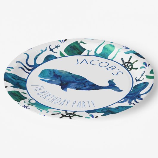海の水彩画の海のクジラの誕生日の下 ペーパープレート (アングル)