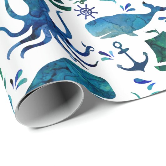 海の水彩画の海の海洋の航海ののの下 ラッピングペーパー (ロールコーナー)