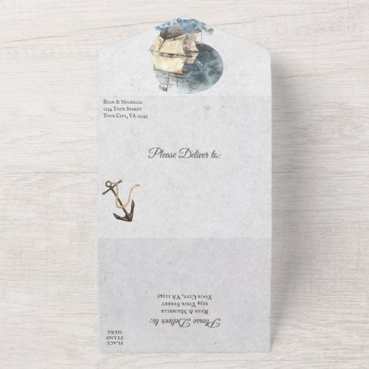 海の水彩画の船と満月の結婚式 オールインワン招待状 (外側)
