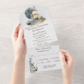 海の水彩画の船と満月の結婚式 オールインワン招待状 (貼ってはがせる)