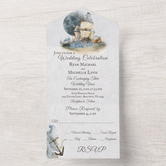 海の水彩画の船と満月の結婚式 オールインワン招待状 (内側)