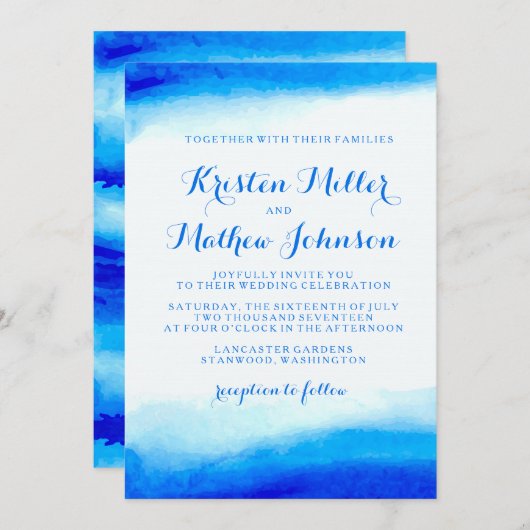 海の水彩画の青の結婚式招待状 招待状 (正面/裏面)