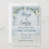 海の水彩画を背景にしたウェディングフラワーのアーチ 招待状 (正面)