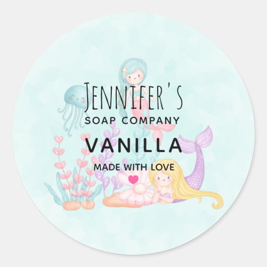 海の水彩石鹸の下にかわいい人魚 ラウンドシール (正面)