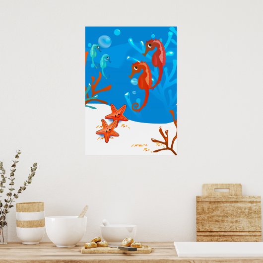 海の水生 かわいい タツノオトシゴ ヒトデ ポスター (キッチン)