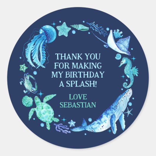 海の水色の下にありがとう海動物 ラウンドシール (正面)