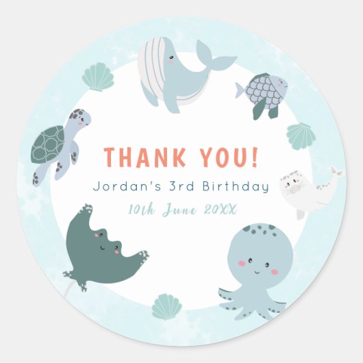 海の水色の下にかわいい青ありがとう ラウンドシール (正面)