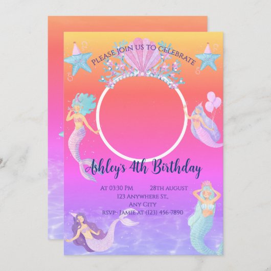 海の水色の海誕生日の下の人魚 招待状 (正面/裏面)