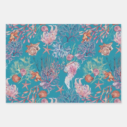 海の水色の海馬のヒトデの下で ラッピングペーパーシート (正面3)