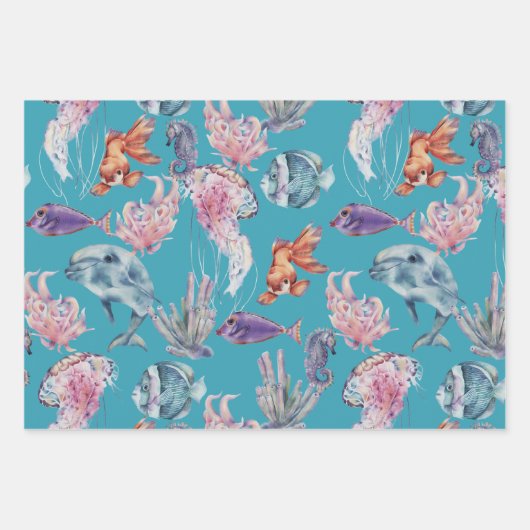 海の水色の海馬のヒトデの下で ラッピングペーパーシート (正面2)