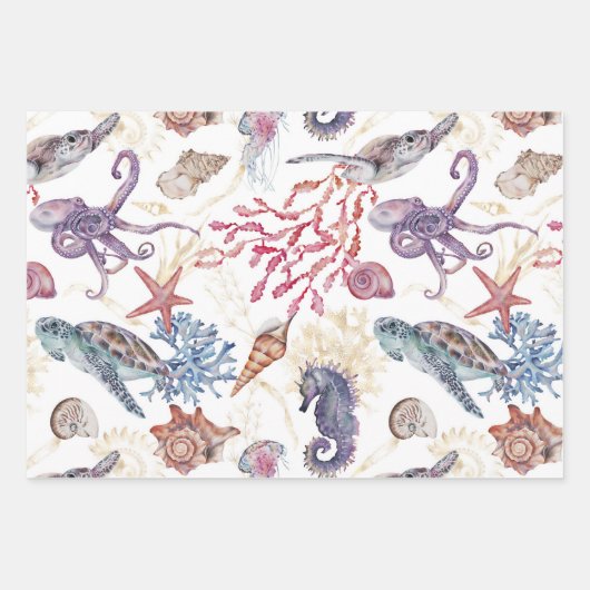 海の水色の海馬のヒトデの下で ラッピングペーパーシート (正面)