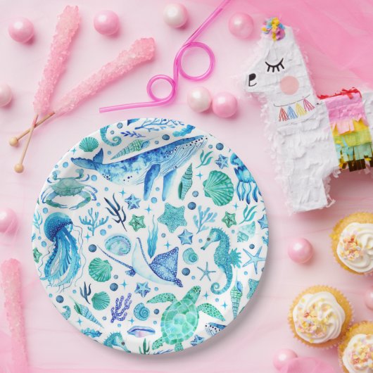 海の水色の青いクジラ，クラゲ ペーパープレート (パーティー)