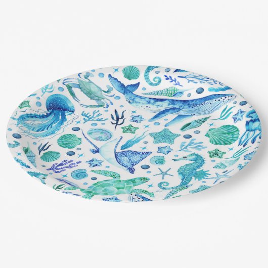 海の水色の青いクジラ，クラゲ ペーパープレート (アングル)