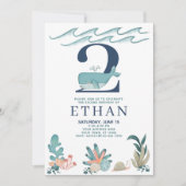 海の水色クジラの下の2番目の誕生日 招待状 (正面)