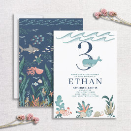 海の水色クジラの下の3番目の誕生日 招待状