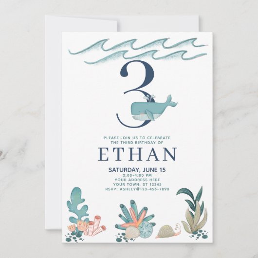 海の水色クジラの下の3番目の誕生日 招待状 (正面)