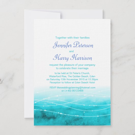 海の波が海きらめくの水色を青く結婚洗う 招待状 (裏面)