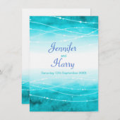 海の波が海きらめくの水色を青く結婚洗う 招待状 (正面/裏面)