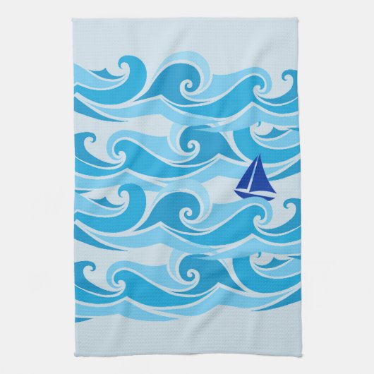 海の波そして帆ボート キッチンタオル (縦)