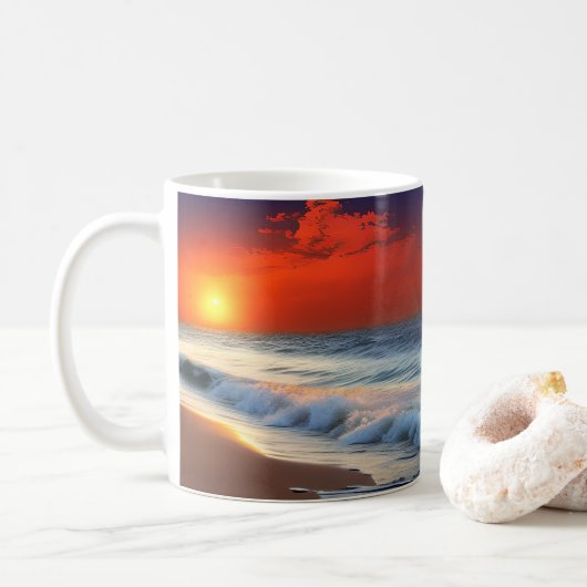 海の波と夕日が砂浜に コーヒーマグカップ (ドーナツ)