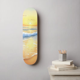 海の波と夕日 | ビーチの水彩画 スケートボード