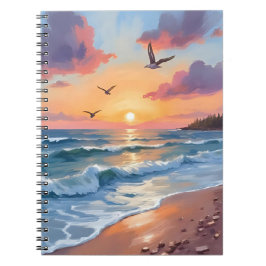 海の波と夕日 | 油絵 海岸のビーチ ノートブック