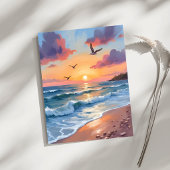 海の波と夕日 | 油絵 海岸のビーチ ポストカード