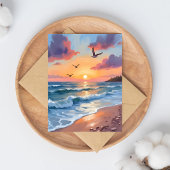海の波と夕日 | 油絵 海岸のビーチ ポストカード