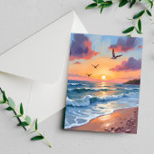 海の波と夕日 | 油絵 海岸のビーチ ポストカード