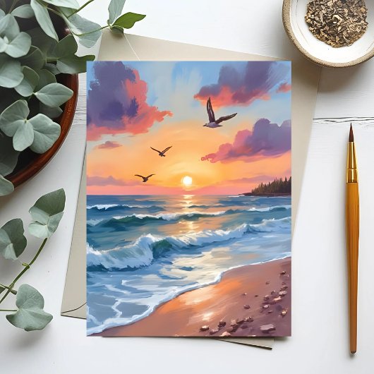 海の波と夕日 | 油絵 海岸のビーチ ポストカード