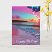 海の波と日没、ピンクサンド、ハッピーバースデー カード (黄色い花)