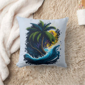 海の波と絵画のスタイルのヤシの木 クッション (ブランケット)