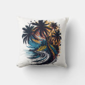 海の波と絵画のスタイルのヤシの木 クッション (正面)