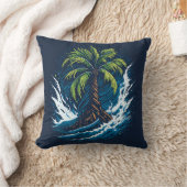 海の波と絵画のスタイルのヤシの木 クッション (ブランケット)