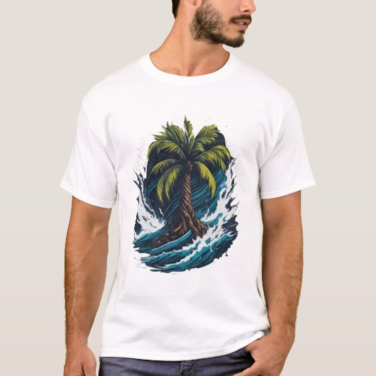 海の波と絵画のスタイルのヤシの木 Tシャツ (正面)