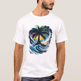 海の波と絵画のスタイルのヤシの木 Tシャツ