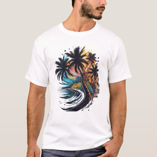 海の波と絵画のスタイルのヤシの木 Tシャツ (正面)