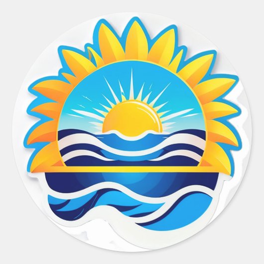 海の波の上の日の出エンブレム ラウンドシール (正面)