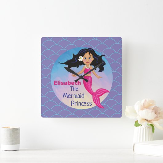 海の波の下の人魚の姫様はピンク スクエア壁時計 (ホーム)