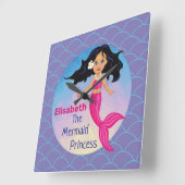 海の波の下の人魚の姫様はピンク スクエア壁時計 (傾斜)