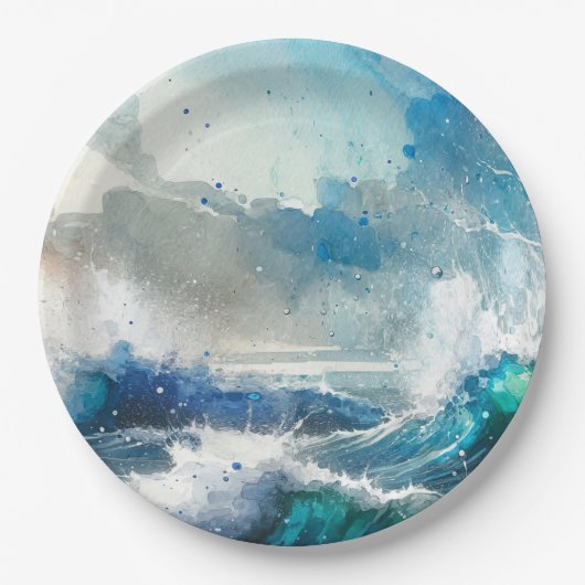 海の波の水彩画の誕生日パーティー ペーパープレート (正面)