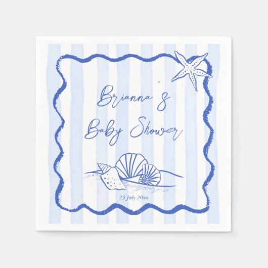 海の波の青縁どいストライプの赤ちゃんシャワー スタンダードカクテルナプキン (正面)