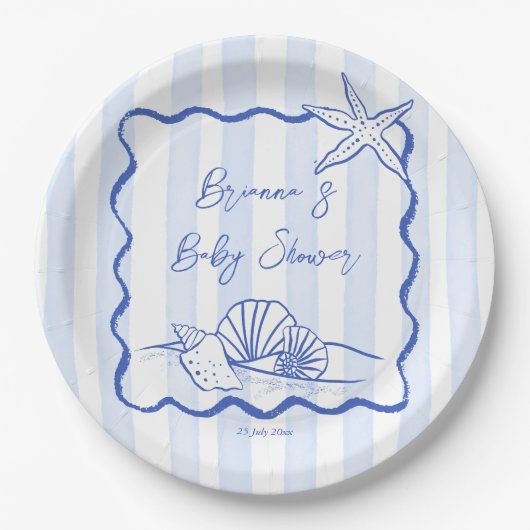 海の波の青縁どいストライプの赤ちゃんシャワー ペーパープレート (正面)