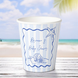 海の波の青縁どいストライプの赤ちゃんシャワー 紙コップ