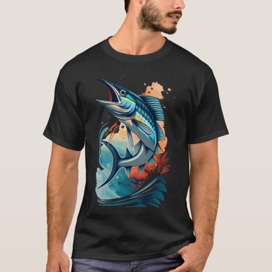 海の波を飛び越えるマカジキ Tシャツ (正面)