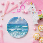 海の波 水彩 ビーチ 海岸 ウェディング ペーパープレート (パーティー)