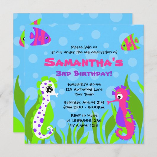 海の海のテーマの子供の誕生日のパーティーの下 招待状 (正面/裏面)